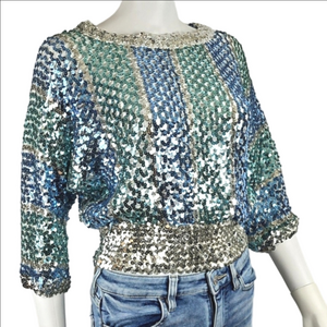 Vintage Lilli Diamond Silver Blue Green Sequin Open Knit Dolman Sleeve Top